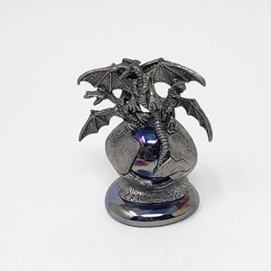 Vtg Pewter Dragons Hatching from Iridescent Blue Glass Egg Orb Figurine Fantasy